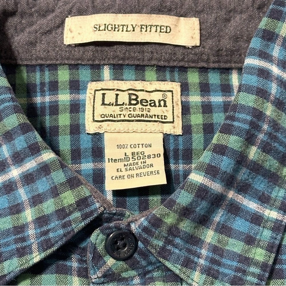 L.L. Bean L Blue Green White Checkered Plaid Cotton Flannel Button Down Shirt - Picture 4 of 6